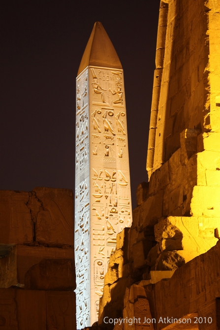 Illuminated Pink granite obelisk, Luxor Temple